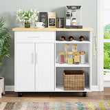 Shintenchi Rolling Kitchen Island Cart with Large Worktop, Cabinet Storage, Drawers, Towel Rack and Wheeled Side-Table Design, White