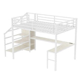 SOFTSEA Queen Size Metal Loft Bed with L-Shaped Desk, Wardrobe, USB Ports, Adjustable Shelf and LED Lighting, No Box Spring Needed, White Wood Grain