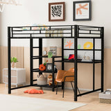Full-Size Metal Loft Bed with Desk, Whiteboard, 3-Layer Shelves, Built-In Ladder and Storage, Heavy-Duty Black Frame for Kids, Teens, Bedrooms and Dorms