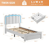 Twin Velvet Platform Bed with Adjustable Wavy Headboard, LED Lighting and Storage Drawer, Beige Upholstered Kids Bed with Solid Wood Slats, No Box Spring Required