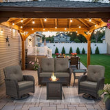 3-Piece Outdoor Patio Furniture Set with Two Swivel Rocker Chairs and Rattan Side Table, Wicker Glider Seating for Deck, Porch or Poolside, Brown and Blue