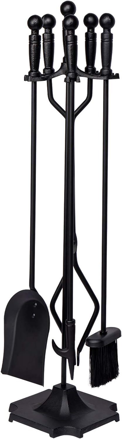 32-Inch Wrought Iron Fireplace Tool Set with Stand, Fire Poker, Shovel, Brush, and Tongs, 5-Piece Collection
