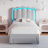 Twin Velvet Platform Bed with Adjustable Wavy Headboard, LED Lighting and Storage Drawer, Beige Upholstered Kids Bed with Solid Wood Slats, No Box Spring Required