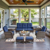 3-Piece Outdoor Patio Furniture Set with Two Swivel Rocker Chairs and Rattan Side Table, Wicker Glider Seating for Deck, Porch or Poolside, Brown and Blue