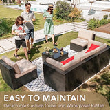 Devoko 6-Piece Beige Patio Conversation Set with Handwoven Rattan Sofa, Sectional Seating, Cushions and Glass Table