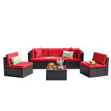 Devoko 6-Piece Beige Patio Conversation Set with Handwoven Rattan Sofa, Sectional Seating, Cushions and Glass Table
