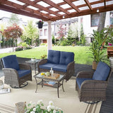 3-Piece Outdoor Patio Furniture Set with Two Swivel Rocker Chairs and Rattan Side Table, Wicker Glider Seating for Deck, Porch or Poolside, Brown and Blue