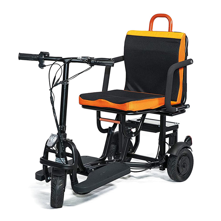 FeatherChair Ezfold Lightweight Electric Folding Power Scooter, Black and Orange