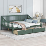 Green Full-Size Wooden Daybed with Rails on 3 Sides, Two Storage Drawers and Support Legs