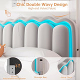 Twin Velvet Platform Bed with Adjustable Wavy Headboard, LED Lighting and Storage Drawer, Beige Upholstered Kids Bed with Solid Wood Slats, No Box Spring Required