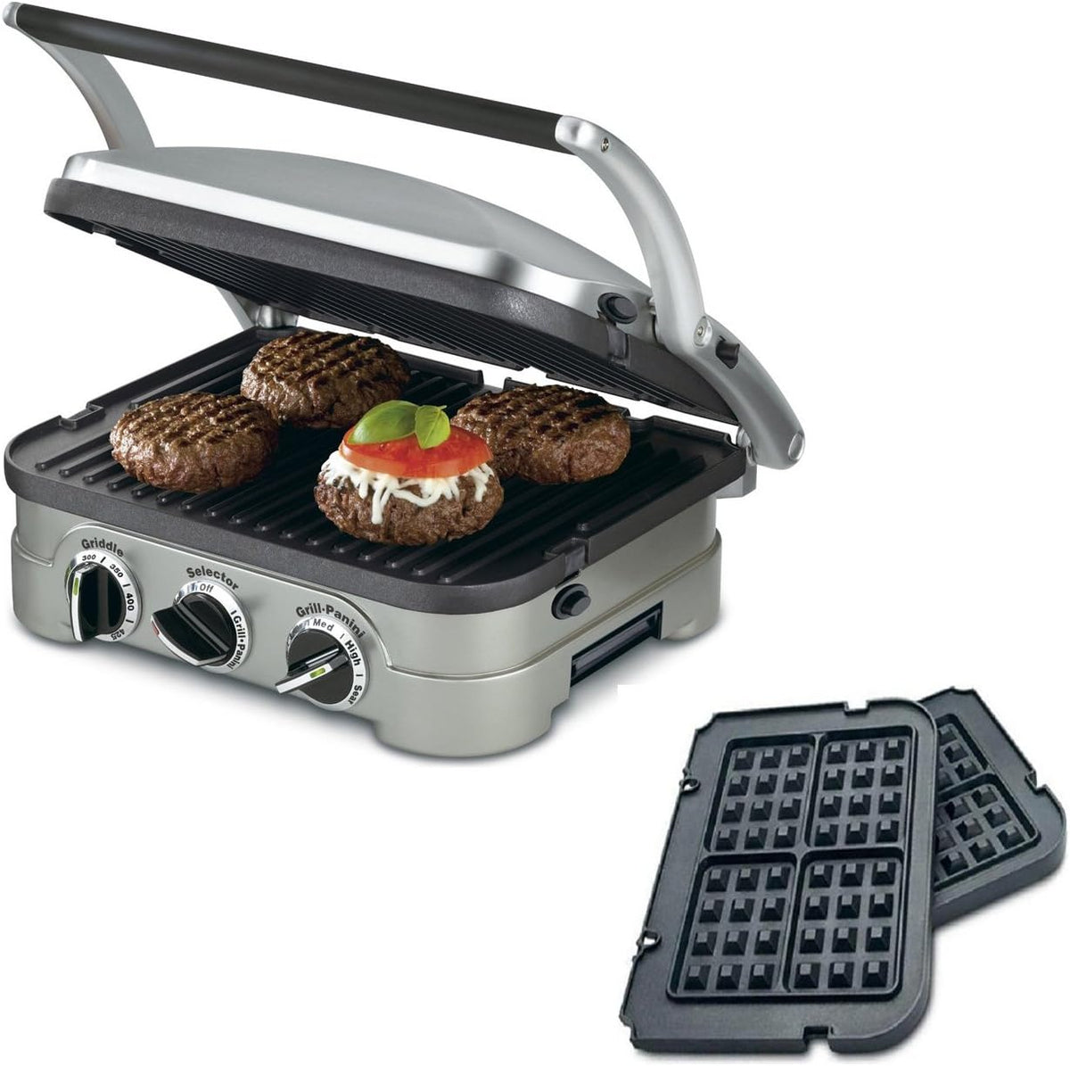 Cuisinart GR-4N 5-in-1 Grill and Panini Maker Bundle with Interchangeable Grill, Griddler and Waffle Plates