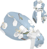 Bee and Spring Blossom Scrub Surgical Hat with Button-Compatible Cycling Design and Cotton Sweatband