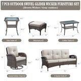 3-Piece Outdoor Patio Furniture Set with Two Swivel Rocker Chairs and Rattan Side Table, Wicker Glider Seating for Deck, Porch or Poolside, Brown and Blue