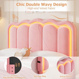 Twin Velvet Platform Bed with Adjustable Wavy Headboard, LED Lighting and Storage Drawer, Beige Upholstered Kids Bed with Solid Wood Slats, No Box Spring Required