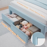 Twin Velvet Platform Bed with Adjustable Wavy Headboard, LED Lighting and Storage Drawer, Beige Upholstered Kids Bed with Solid Wood Slats, No Box Spring Required
