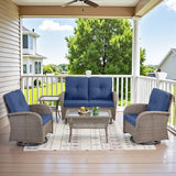 3-Piece Outdoor Patio Furniture Set with Two Swivel Rocker Chairs and Rattan Side Table, Wicker Glider Seating for Deck, Porch or Poolside, Brown and Blue