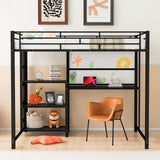 Full-Size Metal Loft Bed with Desk, Whiteboard, 3-Layer Shelves, Built-In Ladder and Storage, Heavy-Duty Black Frame for Kids, Teens, Bedrooms and Dorms