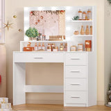 Makeup Vanity Desk with Mirror, 10 Lights, 5 Drawers and 3 Storage Shelves, Dressing Table with 3 Color Modes and Adjustable Brightness, 35.4-Inch, Black