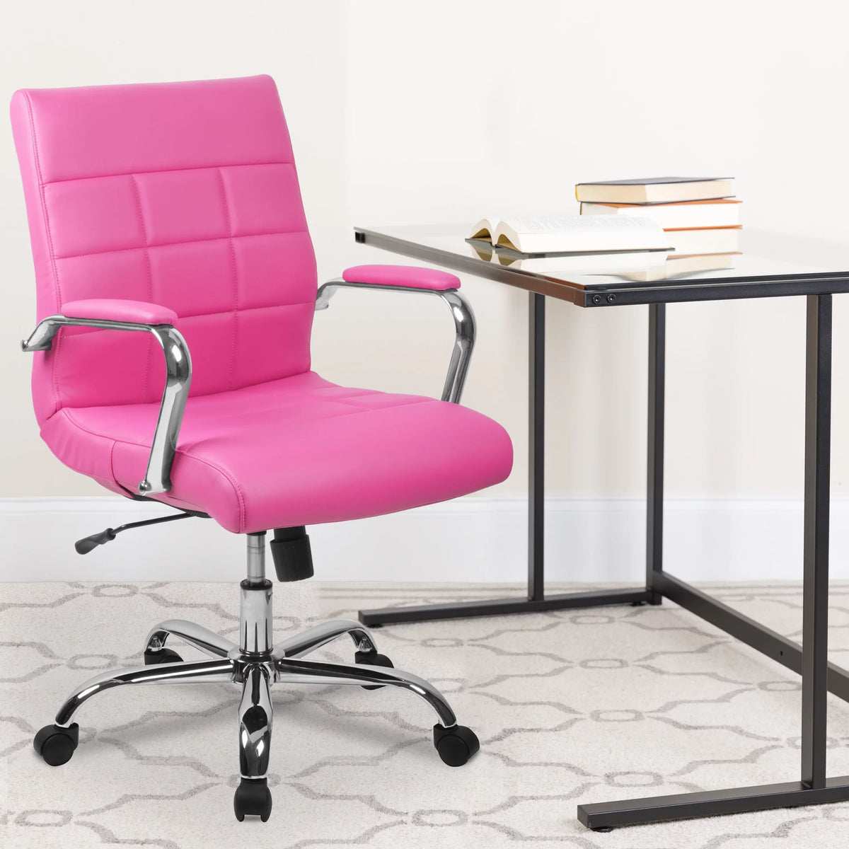 Emma + Oliver Mid-Back Executive Office Chair in Pink Vinyl with Arms, Chrome Base & Swivel Design