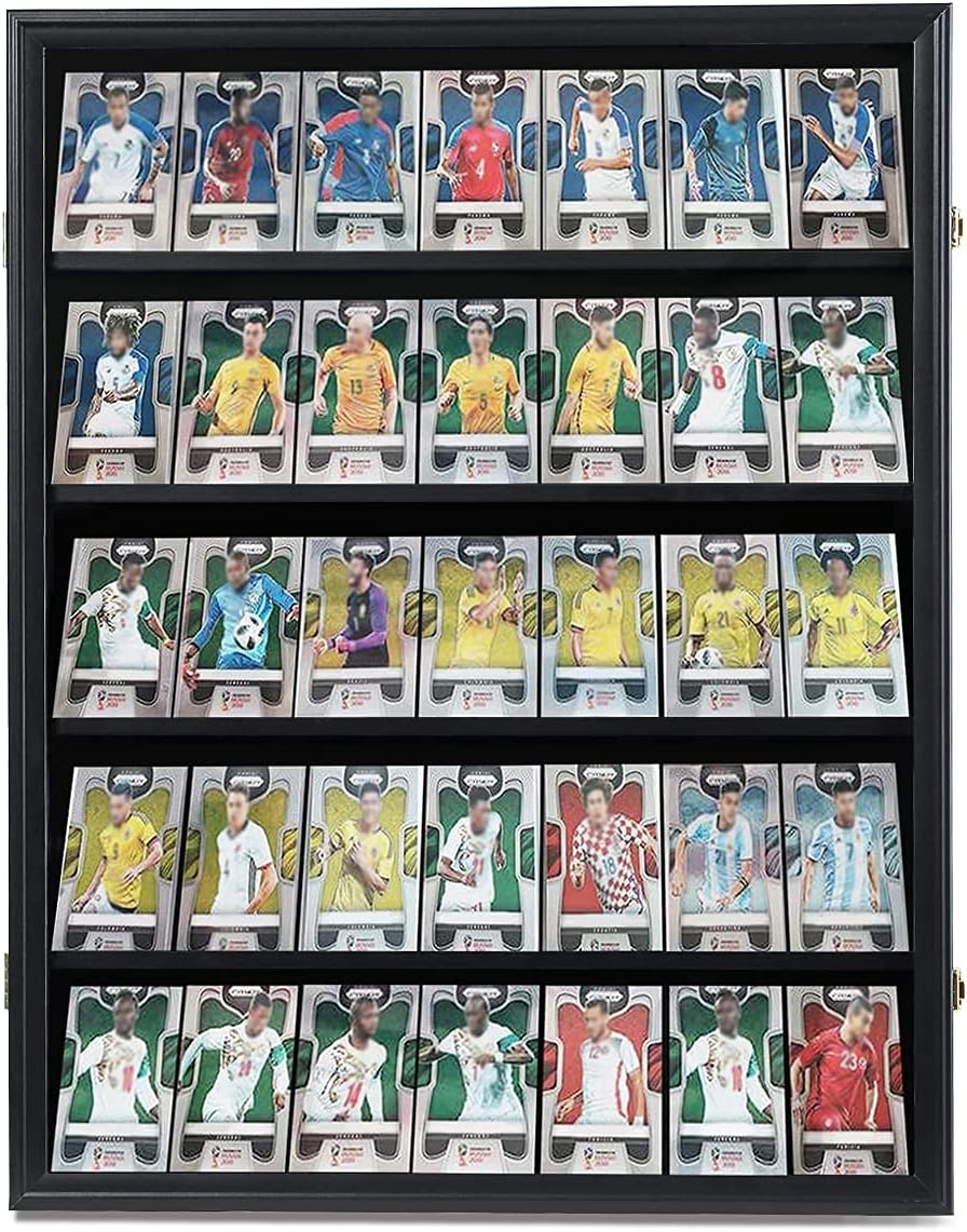 Black 35-Card Sports Trading Card Display Case with UV Protection, Clear View, Lockable Wall Cabinet and Baseball or Basketball Card Frame