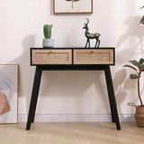 31′′ Rattan Console Table with Farmhouse Wood Design, Narrow Entryway Sofa Table for Hallway, Foyer or Office, Also Styled as a Vanity Desk or Dresser, Black