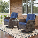 3-Piece Outdoor Patio Furniture Set with Two Swivel Rocker Chairs and Rattan Side Table, Wicker Glider Seating for Deck, Porch or Poolside, Brown and Blue