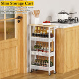 4-Tier Slim Rolling Storage Cart with Wood Top and Metal Frame, Narrow Mobile Organizer with Handle for Kitchen, Laundry Room, Bathroom or Other Tight Spaces