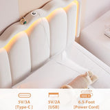 Twin Velvet Platform Bed with Adjustable Wavy Headboard, LED Lighting and Storage Drawer, Beige Upholstered Kids Bed with Solid Wood Slats, No Box Spring Required