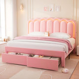 Twin Velvet Platform Bed with Adjustable Wavy Headboard, LED Lighting and Storage Drawer, Beige Upholstered Kids Bed with Solid Wood Slats, No Box Spring Required