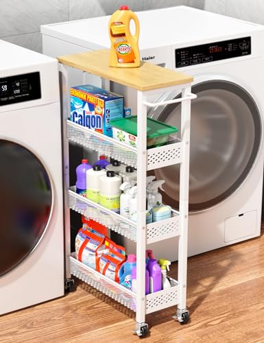 4-Tier Slim Rolling Storage Cart with Wood Top and Metal Frame, Narrow Mobile Organizer with Handle for Kitchen, Laundry Room, Bathroom or Other Tight Spaces