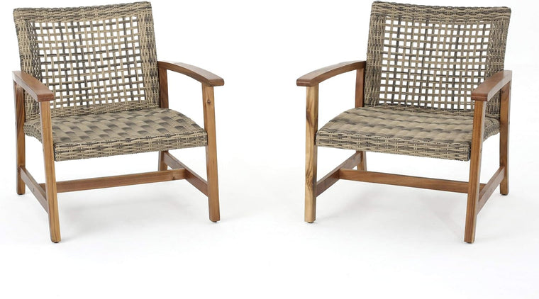 Christopher Knight Home Hampton 2-Piece Outdoor Wicker Club Chair Set with Acacia Wood Frames, Natural Stained / Grey