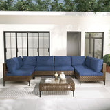 Grand patio 7-Piece Boho Wicker Conversation Set in Cream, Featuring a Sectional Sofa, Water-Resistant Thick Cushions, and Coffee Table