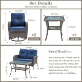 3-Piece Outdoor Patio Furniture Set with Two Swivel Rocker Chairs and Rattan Side Table, Wicker Glider Seating for Deck, Porch or Poolside, Brown and Blue