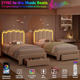 Twin Velvet Platform Bed with Adjustable Wavy Headboard, LED Lighting and Storage Drawer, Beige Upholstered Kids Bed with Solid Wood Slats, No Box Spring Required