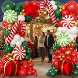 165-Piece Christmas Balloon Arch Garland Kit with Red, White, Green and Gold Latex Balloons, Candy Cane and Star Foil Balloons for Holiday, New Year and Birthday Party Decor
