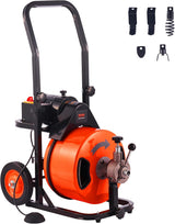 100FT x 1/2Inch Drain Cleaner Machine with Auto Feed Sewer Snake Auger, 4 Cutter, Air-Activated Foot Switch, for 1 to 4 Pipes, Orange and Black