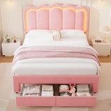 Twin Velvet Platform Bed with Adjustable Wavy Headboard, LED Lighting and Storage Drawer, Beige Upholstered Kids Bed with Solid Wood Slats, No Box Spring Required