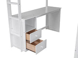 Full-Size Solid Wood Loft Bed with Built-In Ladder, Safety Guardrails, Wardrobes, 2-Drawer Desk and Storage Cabinet, White