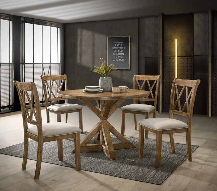 Roundhill Furniture Windvale 5-Piece Dining Set with Cross-Buck Wood Chairs and Table, Tan