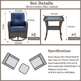 3-Piece Outdoor Patio Furniture Set with Two Swivel Rocker Chairs and Rattan Side Table, Wicker Glider Seating for Deck, Porch or Poolside, Brown and Blue