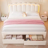 Twin Velvet Platform Bed with Adjustable Wavy Headboard, LED Lighting and Storage Drawer, Beige Upholstered Kids Bed with Solid Wood Slats, No Box Spring Required