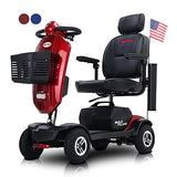 Red 4-Wheel Portable Mobility Scooter with Extended-Range Battery, Front and Rear Lights, and Basket