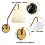 PASSICA DECOR Set of 2 Hardwired Wall Sconces with Pull Chains, Matte Black Swing-Arm Fixtures and White Fabric Shades for Bedroom, Farmhouse or Living Room
