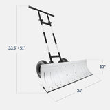 36in Galvanized Heavy-Duty Snow Pusher with 2 Wheels, Adjustable Handle & Blade Angle for Snow Removal, Black