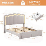 Twin Velvet Platform Bed with Adjustable Wavy Headboard, LED Lighting and Storage Drawer, Beige Upholstered Kids Bed with Solid Wood Slats, No Box Spring Required