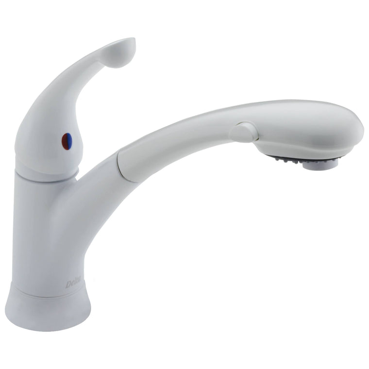 Delta 470-WH-DST Signature Kitchen Faucet with Single-Handle Pull-Out Design in White