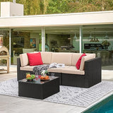Devoko 6-Piece Beige Patio Conversation Set with Handwoven Rattan Sofa, Sectional Seating, Cushions and Glass Table