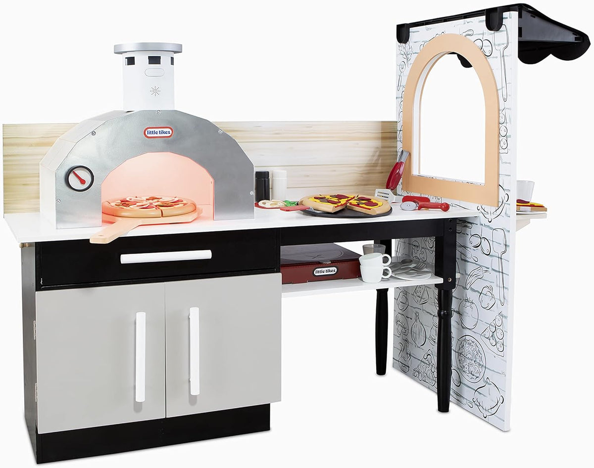 Little Tikes Real Wood Pizza Restaurant Play Kitchen, with Dual-Sided Cook-and-Serve Design, Realistic Lights & Sounds, and 20+ Accessories, Large Toy Gift for Girls & Boys Ages 3+