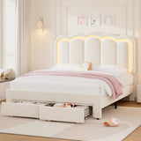 Twin Velvet Platform Bed with Adjustable Wavy Headboard, LED Lighting and Storage Drawer, Beige Upholstered Kids Bed with Solid Wood Slats, No Box Spring Required