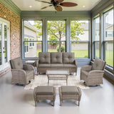 3-Piece Outdoor Patio Furniture Set with Two Swivel Rocker Chairs and Rattan Side Table, Wicker Glider Seating for Deck, Porch or Poolside, Brown and Blue